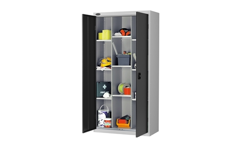 12 Compartment cupboard - C/W 9 No. shelves - Silver Grey Body/Black Doors - H1780mm x W915mm x D460mm