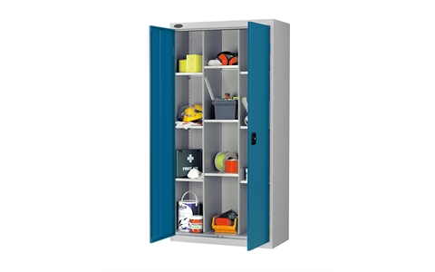 12 Compartment cupboard - C/W 9 No. shelves - Silver Grey Body/Blue Doors - H1780mm x W915mm x D460mm