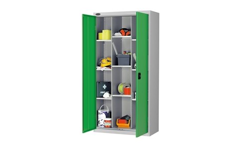12 Compartment cupboard - C/W 9 No. shelves - Silver Grey Body/Green Doors - H1780mm x W915mm x D460mm