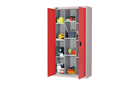 12 Compartment cupboard - C/W 9 No. shelves - Silver Grey Body/Red Doors - H1780mm x W915mm x D460mm