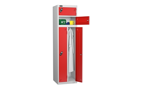 4 Door - 2 Person steel locker - FLAT TOP - Silver Grey Body / Red Door - H1780 x W460 x D460 mm - CAM Lock