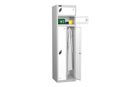 4 Door - 2 Person steel locker - FLAT TOP - Silver Grey Body / White Door - H1780 x W460 x D460 mm - CAM Lock