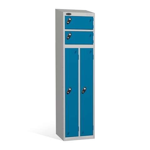 4 Door - 2 Person steel locker - SLOPING TOP - Silver Grey Body / Blue Door - H1930 x W460 x D460 mm - CAM Lock