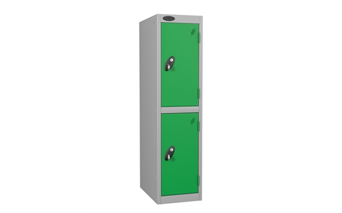 2 Door - Low steel locker - FLAT TOP - Silver Grey Body / Green Doors - H1210 x W305 x D305 mm - CAM Lock