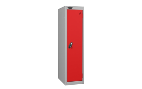 1 Door - Low steel locker - FLAT TOP - Silver Grey Body / Red Doors - H1210x W305 x D460 mm - CAM Lock