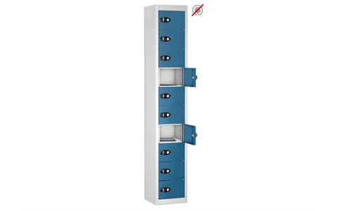 10 Door - Tablet Storage locker - FLAT TOP - White Body / Blue Doors - H1780 x W305 x D305 mm - CAM Lock