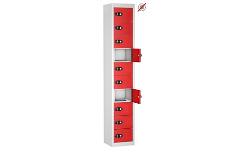10 Door - Tablet Storage locker - FLAT TOP - White Body / Red Doors - H1780 x W305 x D305 mm - CAM Lock