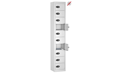 10 Door - Tablet Storage locker - FLAT TOP - White Body / White Doors - H1780 x W305 x D305 mm - CAM Lock