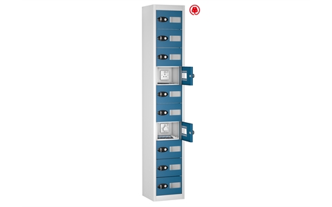 10 Vision Panel Door - Tablet USB Charging locker - FLAT TOP - White Body / Blue Doors - H1780 x W305 x D370 mm - CAM Lock