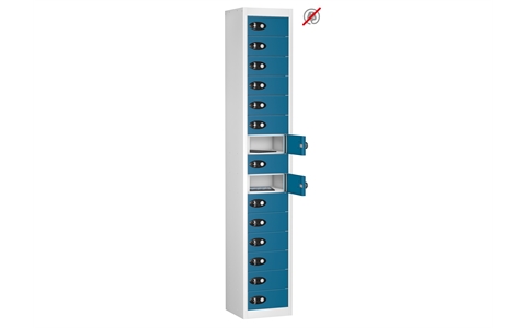 15 Door - Tablet Storage locker - FLAT TOP - White Body / Blue Doors - H1780 x W305 x D305 mm - CAM Lock