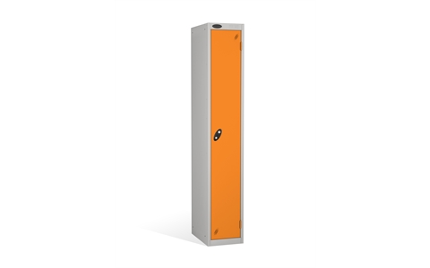 1 Door - Full height steel locker - FLAT TOP - Silver Grey Body/Orange Doors - H1780 x W305 x D305 mm - CAM Lock