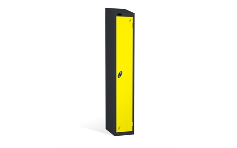 1 Door - Full height steel locker - SLOPING TOP - Black Body/Lemon Doors - H1930 x W305 x D305 mm - CAM Lock