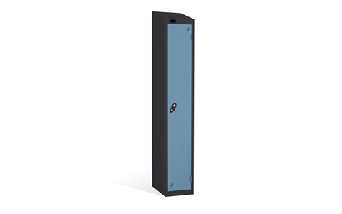 1 Door - Full height steel locker - SLOPING TOP - Black Body/Ocean Doors - H1930 x W305 x D305 mm - CAM Lock