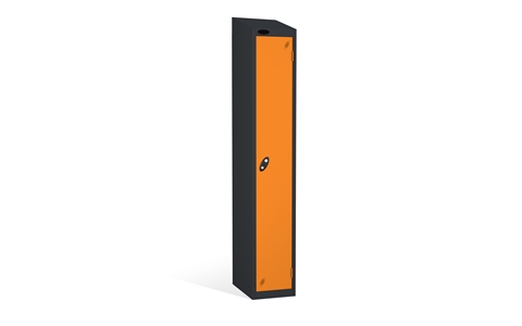 1 Door - Full height steel locker - SLOPING TOP - Black Body/Orange Doors - H1930 x W305 x D305 mm - CAM Lock