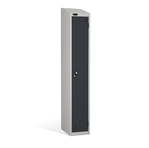 1 Door - Full height steel locker - SLOPING TOP - Silver Grey Body / Black Doors - H1930 x W305 x D305 mm - CAM Lock