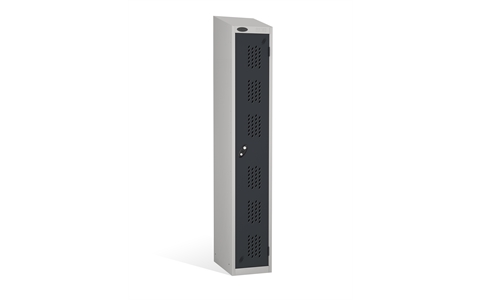 1 Door - Full height steel locker - SLOPING TOP - PERFORATED DOORS - Silver Grey Body / Black Doors - H1930 x W305 x D305 mm - CAM Lock