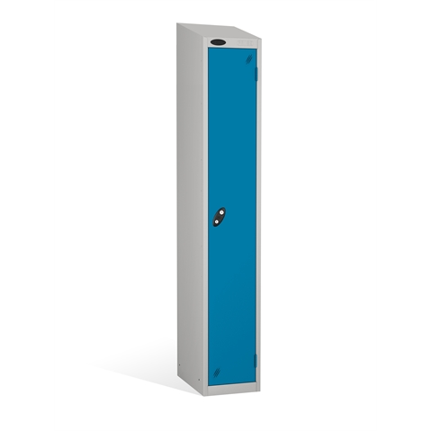 1 Door - Full height steel locker - SLOPING TOP - Silver Grey Body / Blue Doors - H1930 x W305 x D305 mm - CAM Lock