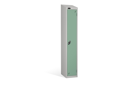 1 Door - Full height steel locker - SLOPING TOP - Silver Grey Body/Jade Doors - H1930 x W305 x D305 mm - CAM Lock