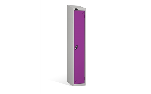 1 Door - Full height steel locker - SLOPING TOP - Silver Grey Body/Lilac Doors - H1930 x W305 x D305 mm - CAM Lock
