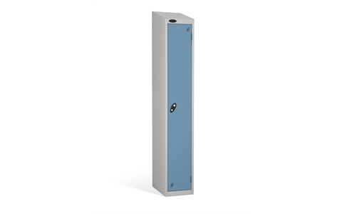 1 Door - Full height steel locker - SLOPING TOP - Silver Grey Body/Ocean Doors - H1930 x W305 x D305 mm - CAM Lock