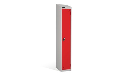 1 Door - Full height steel locker - SLOPING TOP - Silver Grey Body / Red Doors - H1930 x W305 x D305 mm - CAM Lock