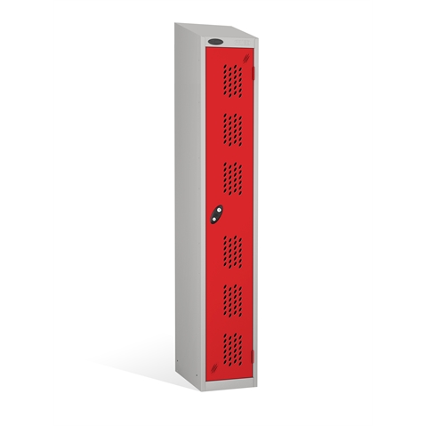 1 Door - Full height steel locker - SLOPING TOP - PERFORATED DOORS - Silver Grey Body / Red Doors - H1930 x W305 x D305 mm - CAM Lock