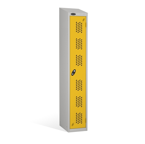 1 Door - Full height steel locker - SLOPING TOP - PERFORATED DOORS - Silver Grey Body / Yellow Doors - H1930 x W305 x D305 mm - CAM Lock