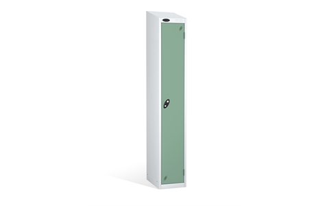 1 Door - Full height steel locker - SLOPING TOP - White Body/Jade Doors - H1930 x W305 x D305 mm - CAM Lock