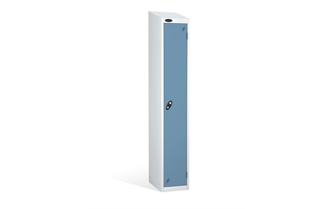 1 Door - Full height steel locker - SLOPING TOP - White Body/Ocean Doors - H1930 x W305 x D305 mm - CAM Lock