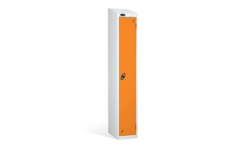 1 Door - Full height steel locker - SLOPING TOP - White Body/Orange Doors - H1930 x W305 x D305 mm - CAM Lock