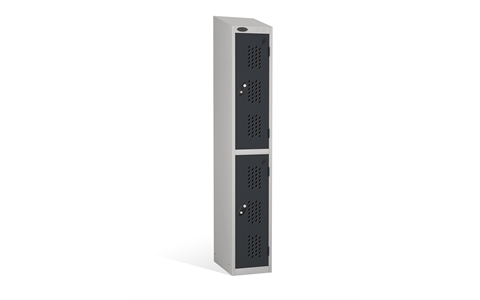 2 Door - Full height steel locker - SLOPING TOP - PERFORATED DOORS - Silver Grey Body / Black Doors - H1930 x W305 x D305 mm - CAM Lock