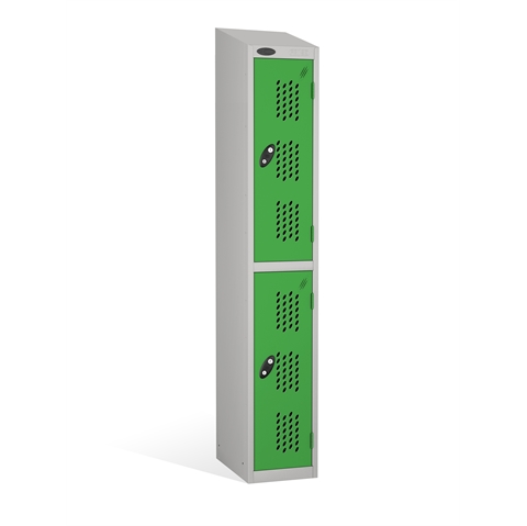 2 Door - Full height steel locker - SLOPING TOP - PERFORATED DOORS - Silver Grey Body / Green Doors - H1930x W305 x D305 mm - CAM Lock