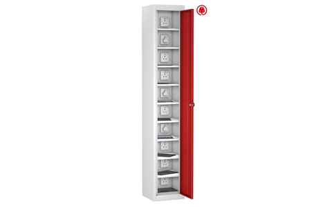 1 Door - 10 Shelf Tablet Charging locker - FLAT TOP - White Body / Red Doors - H1780 x W305 x D370 mm - CAM Lock