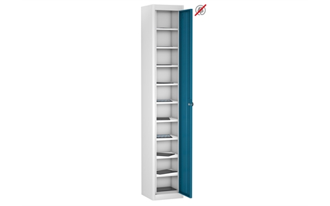 1 Door - 10 Shelf Tablet Storage locker - FLAT TOP - White Body / Blue Doors - H1780 x W305 x D305 mm - CAM Lock
