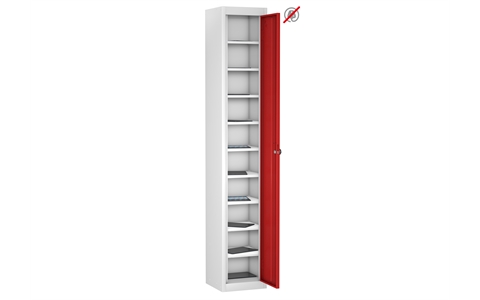 1 Door - 10 Shelf Tablet Storage locker - FLAT TOP - White Body / Red Doors - H1780 x W305 x D305 mm - CAM Lock