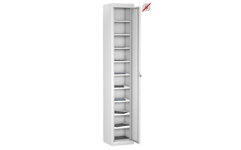 1 Door - 10 Shelf Tablet Storage locker - FLAT TOP - White Body / White Doors - H1780 x W305 x D305 mm - CAM Lock