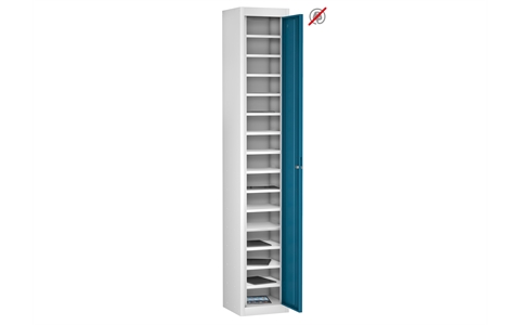1 Door - 15 Shelf Tablet Storage locker - FLAT TOP - White Body / Blue Doors - H1780 x W305 x D305 mm - CAM Lock