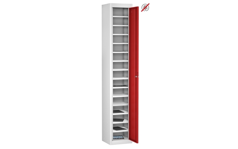 1 Door - 15 Shelf Tablet Storage locker - FLAT TOP - White Body / Red Doors - H1780 x W305 x D305 mm - CAM Lock