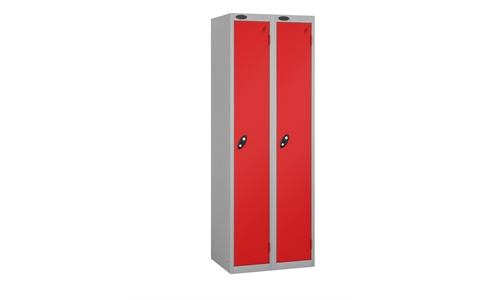 1 Door - Full height steel locker - FLAT TOP - Silver Grey Body / Red Doors - H1780 x W305 x D460 mm - CAM Lock - Nest of 2