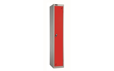 1 Door - Full height steel locker - FLAT TOP - Silver Grey Body / Red Doors - H1780 x W305 x D460 mm - CAM Lock