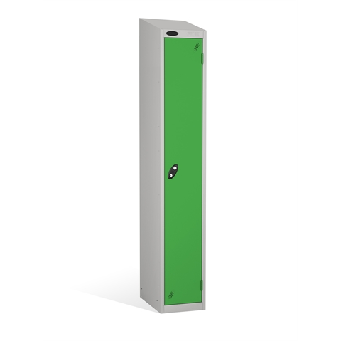 1 Door - Full height steel locker - SLOPING TOP - Silver Grey Body / Green Doors - H1930x W305 x D460 mm - CAM Lock