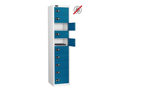 10 Door - Media Storage locker - FLAT TOP - White Body / Blue Doors - H1780 x W380 x D460mm - CAM Lock