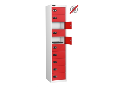 10 Door - Media Storage locker - FLAT TOP - White Body / Red Doors - H1780 x W380 x D460mm - CAM Lock