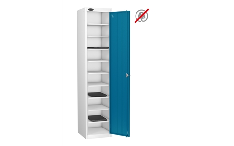 1 Door - 10 Shelf Media Storage locker - FLAT TOP - White Body / Blue Doors - H1780 x W380 x D460mm - CAM Lock