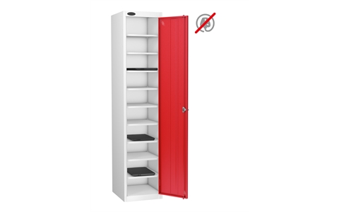 1 Door - 10 Shelf Media Storage locker - FLAT TOP - White Body / Red Doors - H1780 x W380 x D460mm - CAM Lock