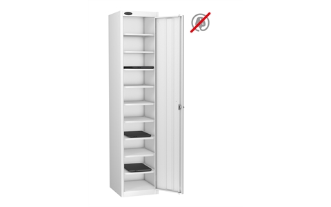 1 Door - 10 Shelf Media Storage locker - FLAT TOP - White Body / White Doors - H1780 x W380 x D460mm - CAM Lock