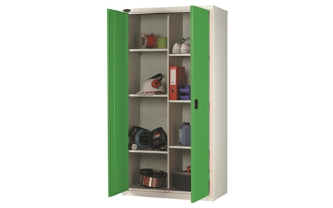 8 Compartment cupboard - C/W 6 No. half width shelves plus central divider - Silver Grey Body/Green Doors - H1780mm x W915mm x D460mm