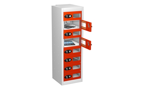 10 Vision Panel Door - Tablet Charging locker - FLAT TOP - White Body / Red Doors - H1780 x W305 x D370 mm - CAM Lock