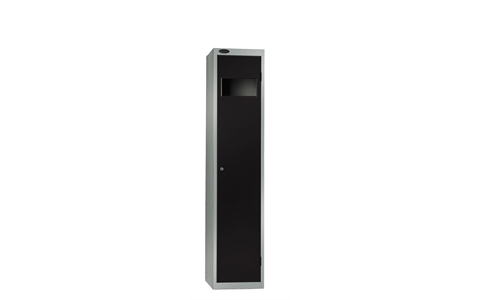 1 Door - Garment Collector steel locker - FLAT TOP - Silver Grey Body / Black Door - H1780 x W380 x D460 - CAM Lock