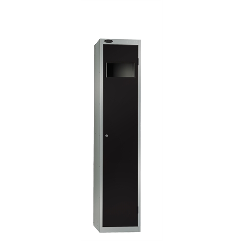 1 Door - Garment Collector steel locker - SLOPING TOP - Silver Grey Body / Black Door - H1930 x W380 x D460 - CAM Lock